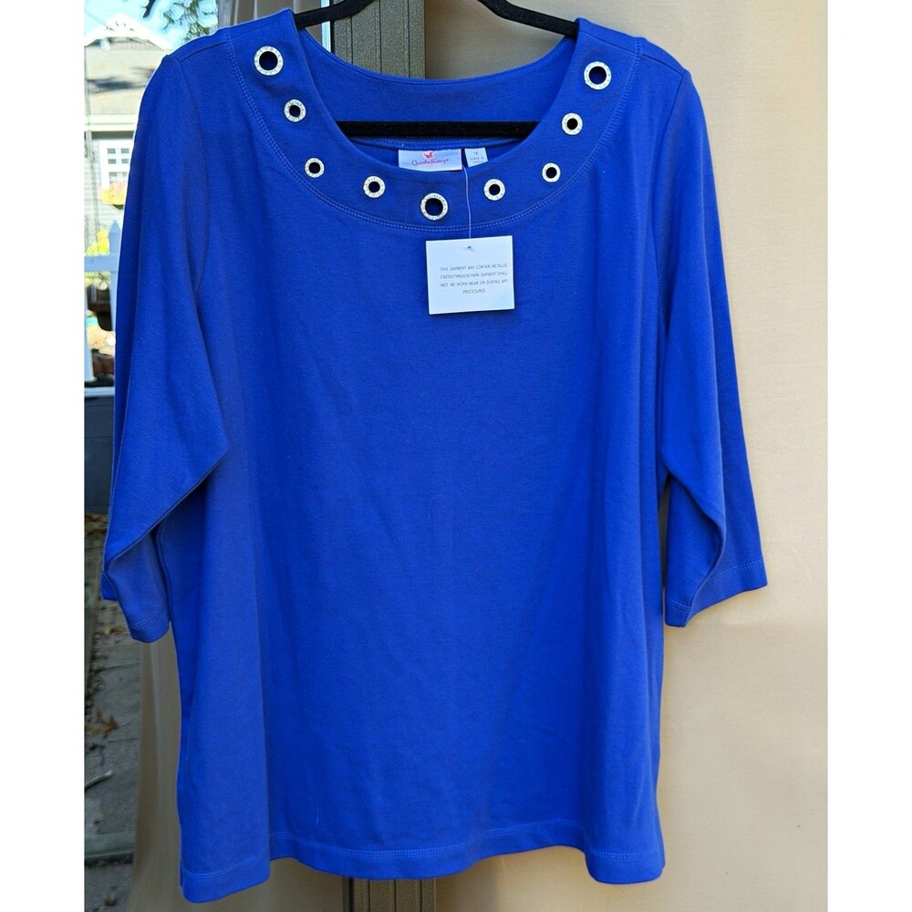 Quacker Factory Top Womens 1X Blue Solid Scoop Neck 3/4 Sleeve Knit Grommet